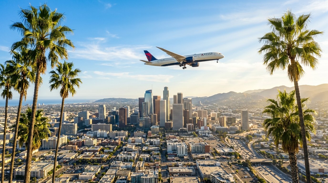 Cheap Flights to Los Angeles - Commercial airplane over LA skyline